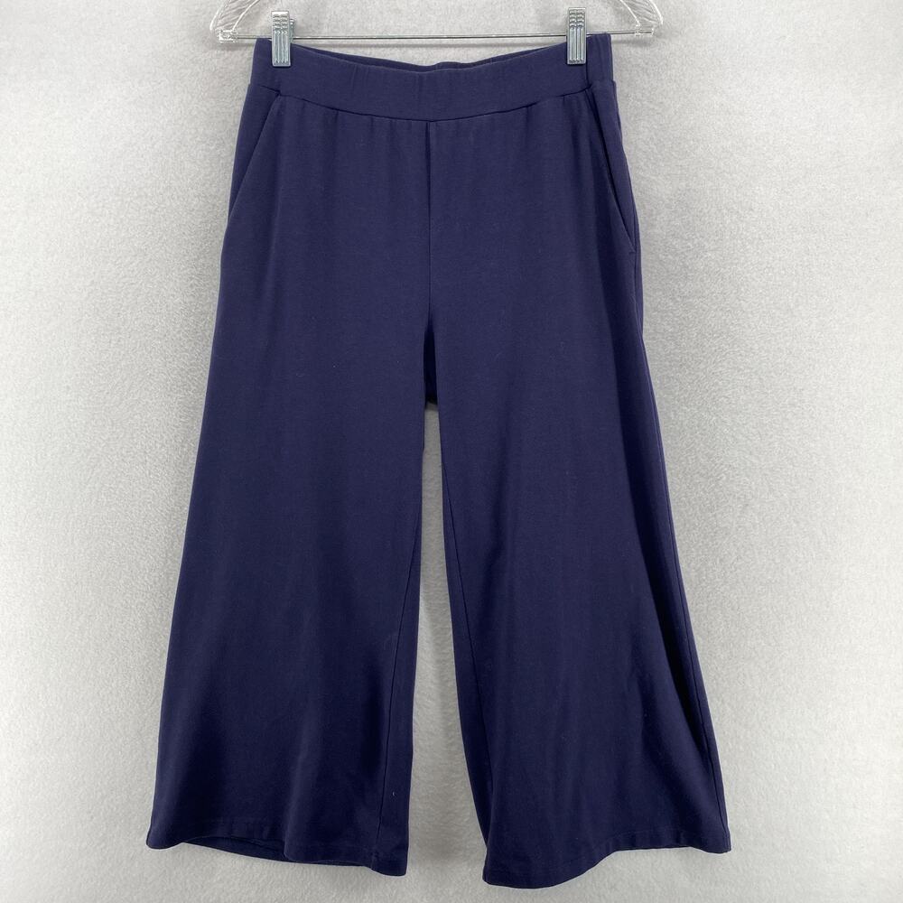 EILEEN FISHER Pants XS Stretch Cotton Jersey Wide Cropped Pull On Blue USA